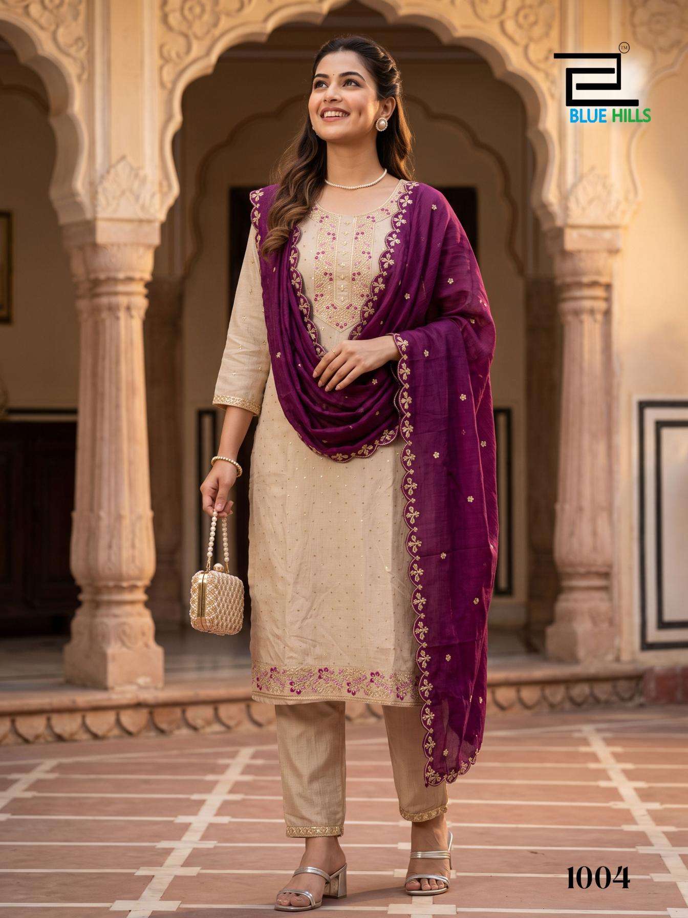 ADHIRA SERIES 1001 TO 1004 BY BLUE HILLS DESIGNER EMBROIDERY WORK VICHITRA SILK TOP WITH BOTTOM AND DUPATTA ARE AVAILABLE AT WHOLESALE PRICE