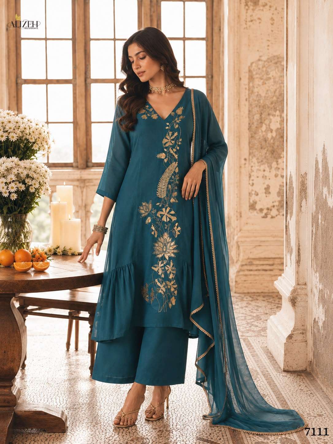 ALIZEH SERIES 7110 TO 7113 DESIGNER FANCY WORK MUL CHANDERI READYMADE SUIT ARE AVAILABLE AT WHOLESALE PRICE