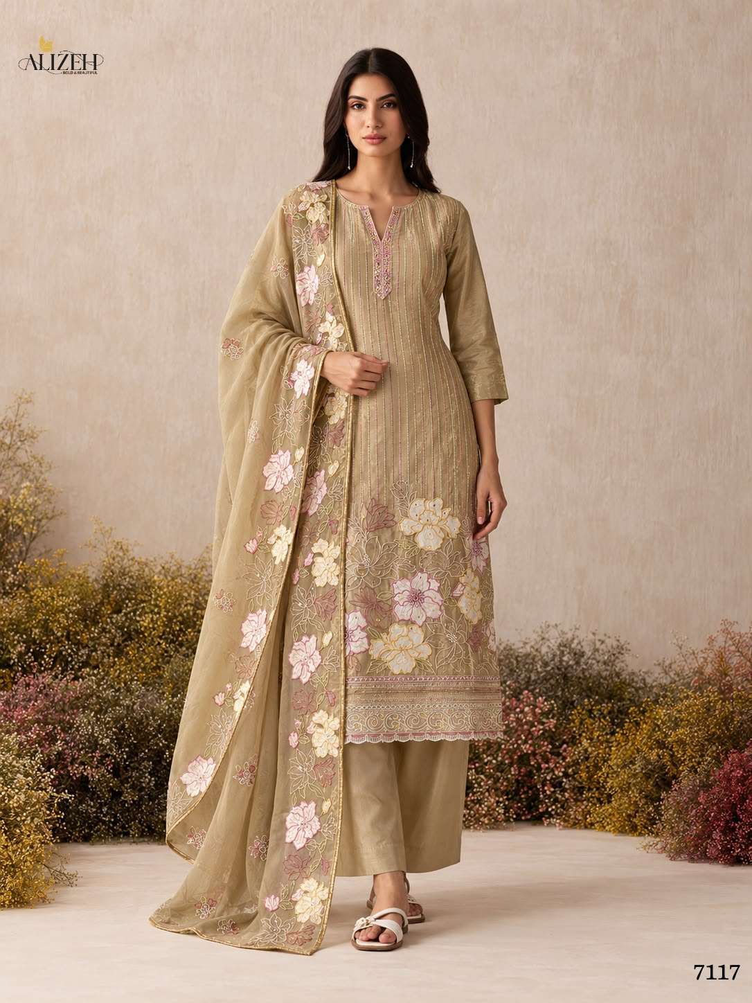 ALIZEH SERIES 7114 TO 7117 DESIGNER WORK SHIMMER SILK READYMADE SUITS ARE AVAILABLE AT WHOLESALE PRICE