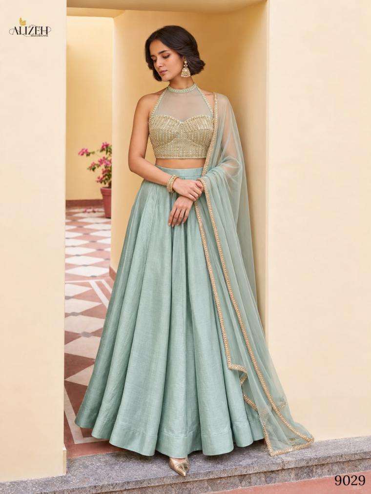 ALIZEH SERIES 9027 TO 9030 DESIGNER ROMAN SILK LEHENGA WITH NET CHOLI AND DUPATTA READYMADE LEHENGA ARE AVAILABLE AT WHOLESALE PRICE