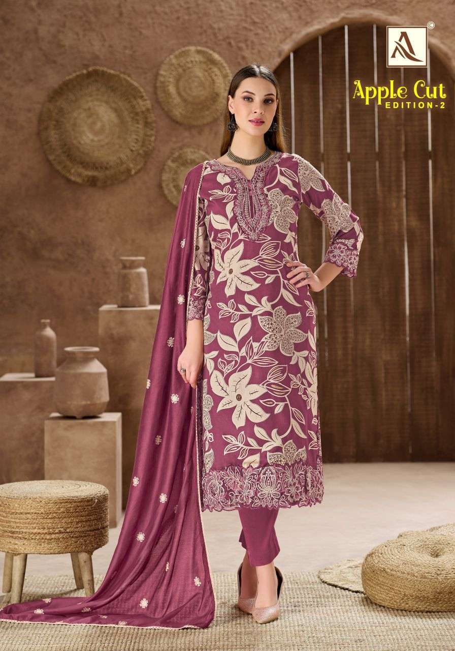 APPLE CUT EDITION-2 SERIES 3120 BY ALOK SUITS DESIGNER FOIL PRINT AND EMBROIDERY WORK VISCOSE RAYON SUITS ARE AVAILABLE AT WHOLESALE PRICE 