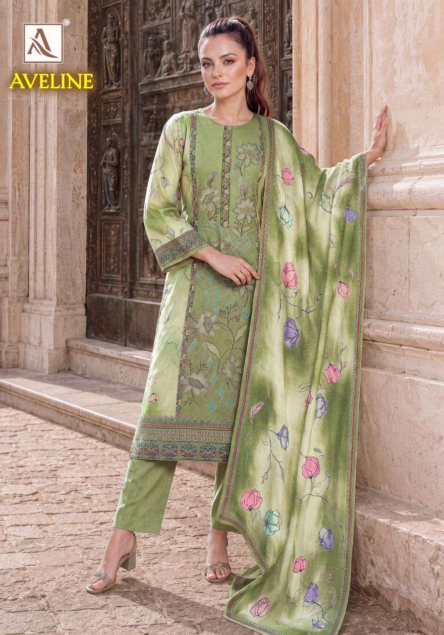 AVELINE SERIES 1213 BY ALOK SUITS DESIGNER DIGITAL PRINTED AND WORK VISCOSE MUSLIN SUITS ARE AVAILABLE AT WHOLESALE PRICE