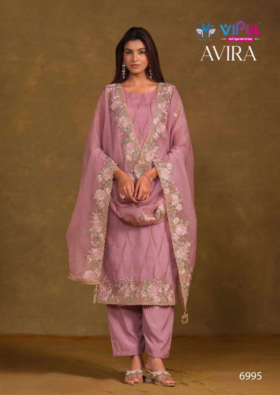 AVIRA SERIES 6991 TO 6996 BY VIPUL DESIGNER BEADS EMBROIDERY WORK CRINKLE CHIFFON SUITS ARE AVAILABLE AT WHOLESALE PRICE 