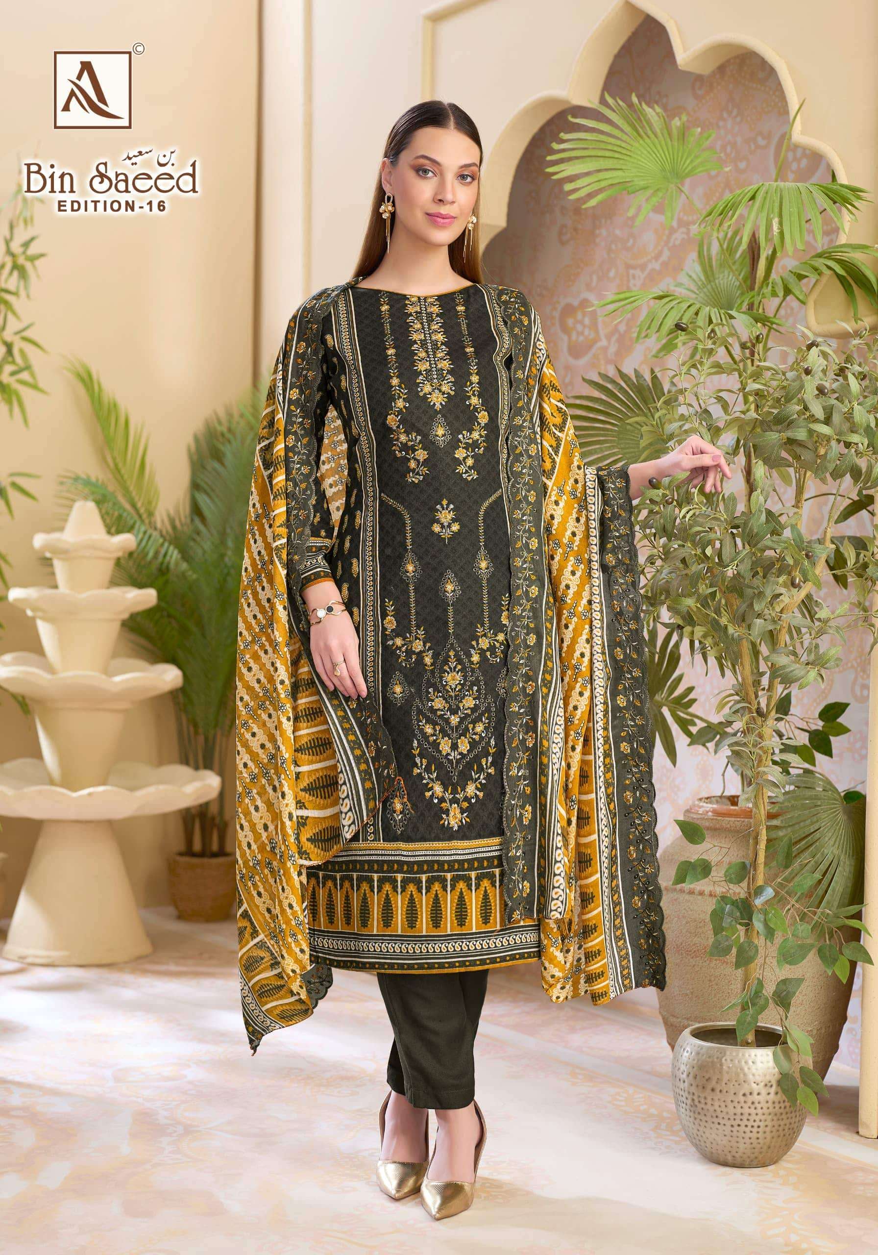 BIN SAEED EDITION-16 SERIES 3110 BY ALOK SUITS DESIGNER PRINTED AND EMBROIDERY WORK CAMBRIC COTTON SUITS ARE AVAILABLE AT WHOLESALE PRICE
