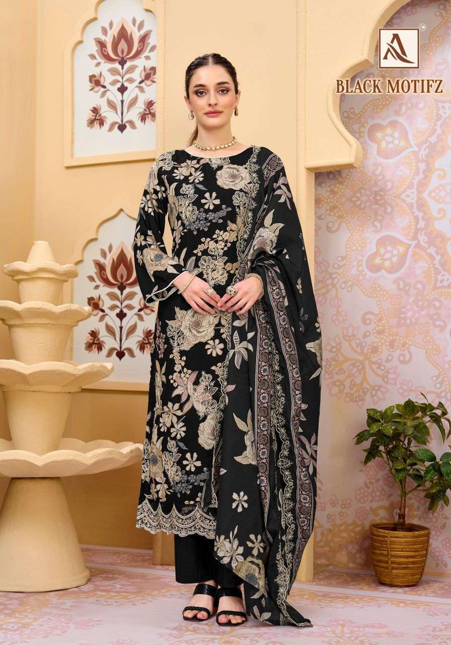 BLACK MOTIFZ SERIES 3094 BY ALOK SUITS DESIGNER DISCHARGE FOIL PRINT AND EMBROIDERY WORK VISCOSE RAYON SUITS ARE AVAILABLE AT WHOLESALE PRICE