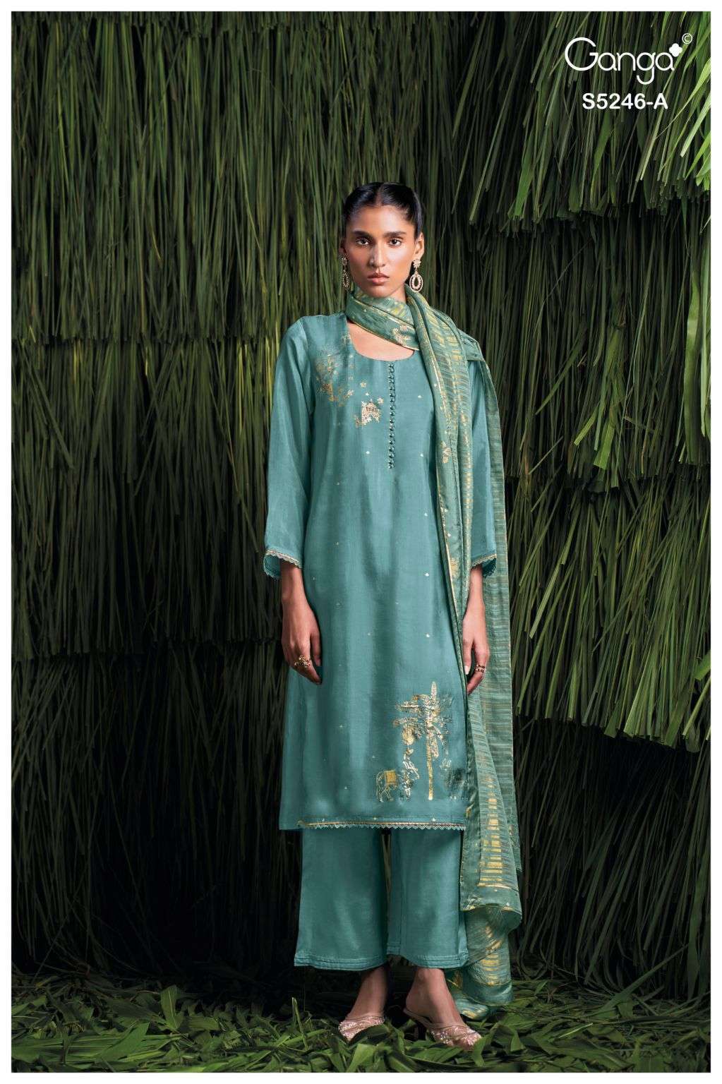 CELINEA SERIES 5246 BY GANGA DESIGNER FOIL PRINT WITH HAND WORK AND SCHIFFLI EMBROIDERY WORK BEMBERG HABUTAI SILK SUITS ARE AVAILABLE AT WHOLESALE PRICE