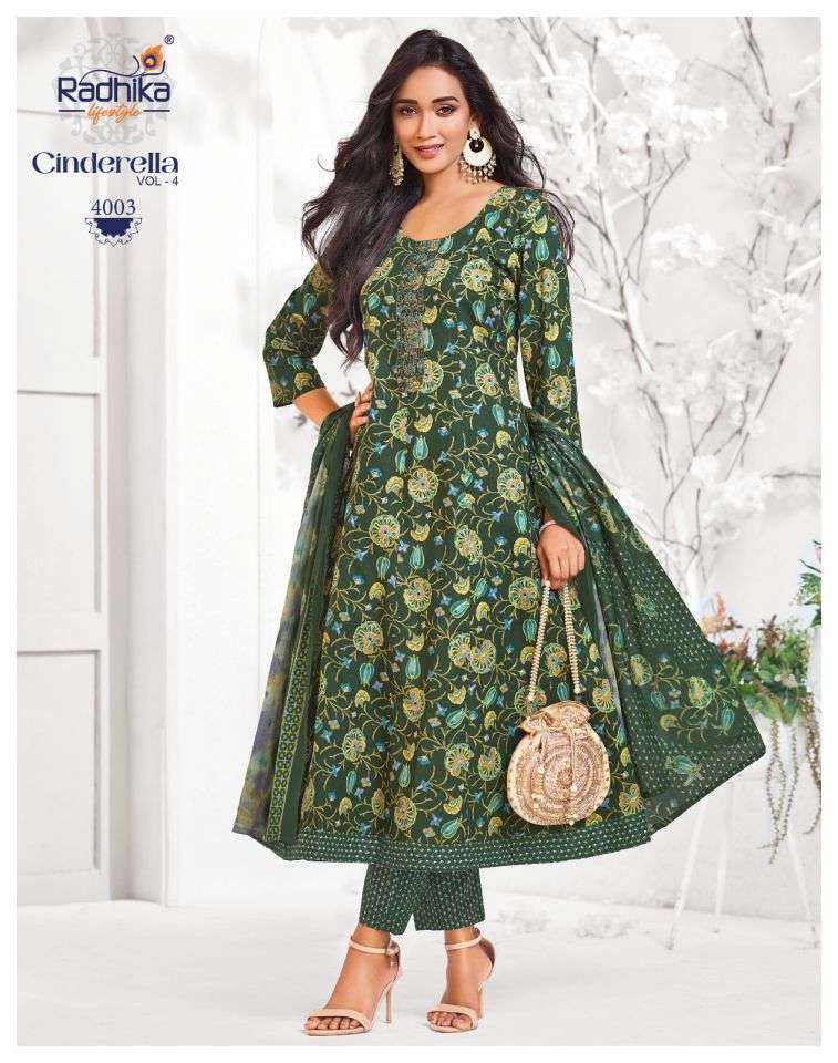 CINDERELLA VOL-4 SERIES 4001 TO 4008 BY RADHIKA LIFESTYLE DESIGNER PRINTED AND EMBROIDERY WORK COTTON KURTI WITH BOTTOM AND DUPATTA ARE AVAILABLE AT WHOLESALE PRICE 