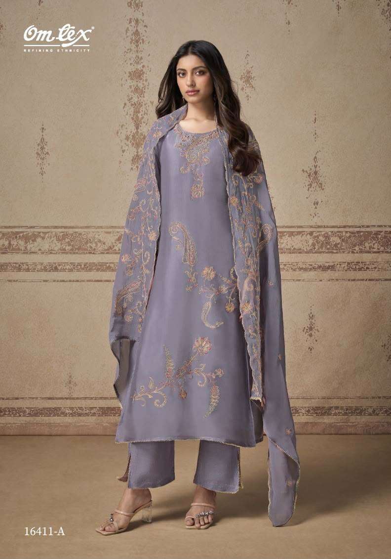 DARIA SERIES 16411 BY OMTEX DESIGNER EMBROIDERY WORK SILK TOUCH SUITS ARE AVAILABLE AT WHOLESALE PRICE