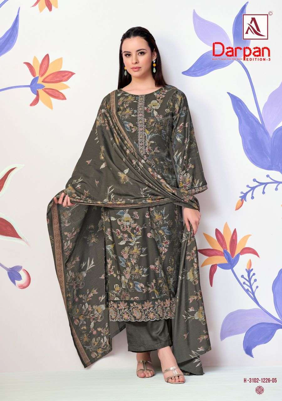 DARPAN EDITION-3 SERIES 3102 BY ALOK SUITS DESIGNER VISCOSE GLASS DISCHARGE PRINT AND EMBROIDERY WORK SUITS ARE AVAILABLE AT WHOLESALE PRICE