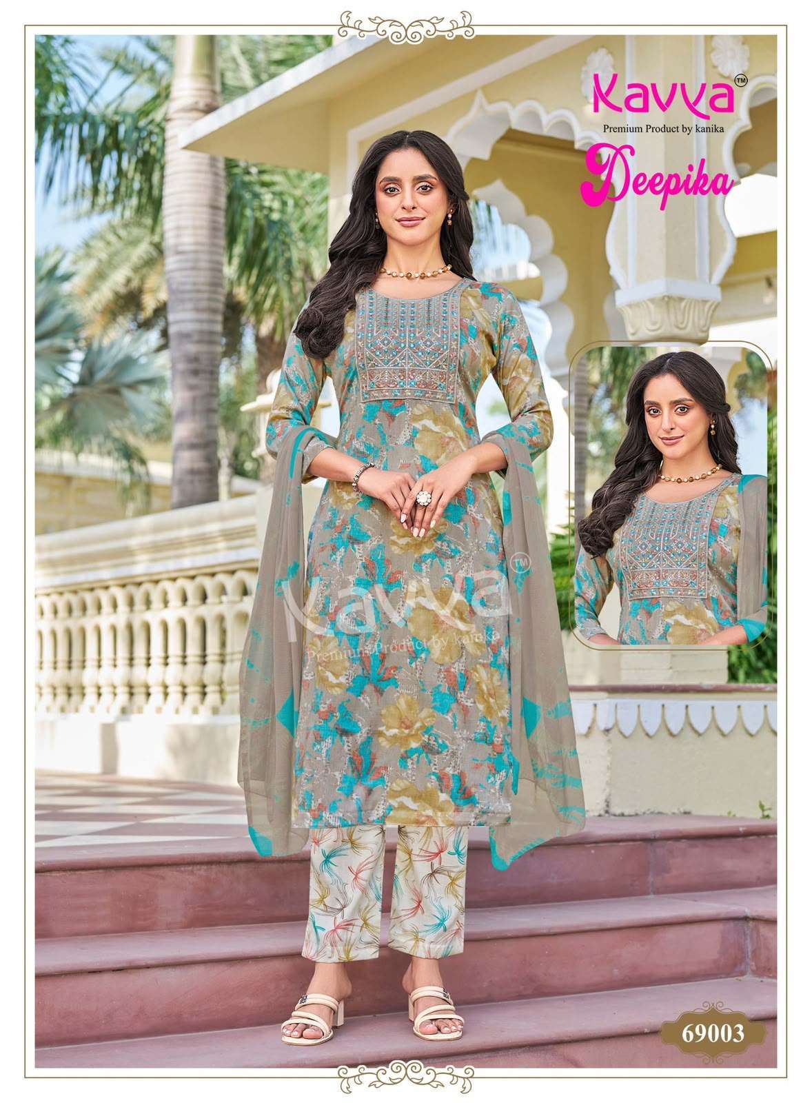 DEEPIKA VOL-69 SERIES 69001 TO 69010 BY KAVYA DESIGNER PRINTED AND WORK CAPSULE KURTI WITH BOTTOM AND DUPATTA ARE AVAILABLE AT WHOLESALE PRICE