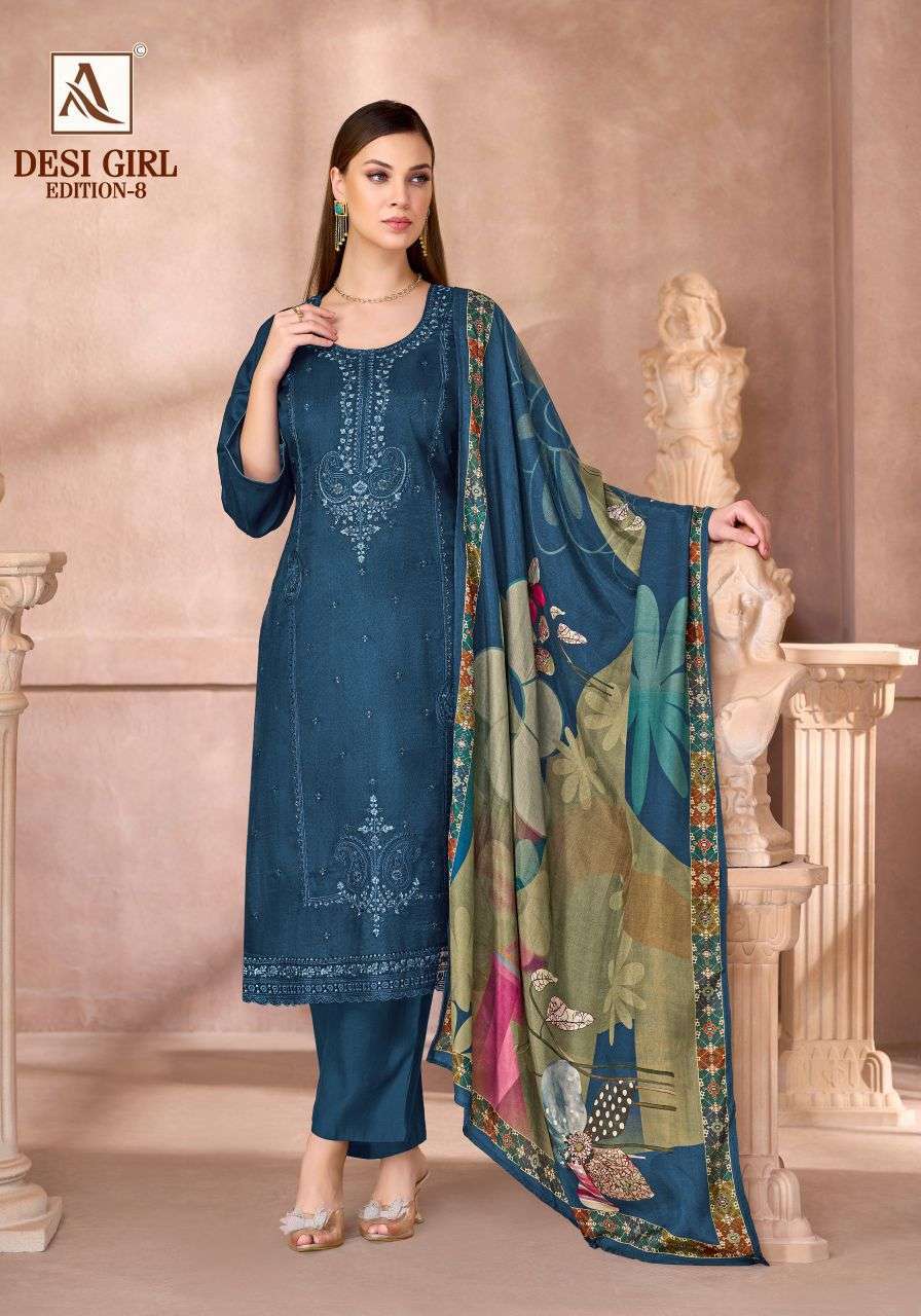 DESI GIRL EDITION-8 SERIES 3099 BY ALOK SUITS DESIGNER EMBROIDERY WORK VISCOSE MUSLIN SUITS ARE AVAILABLE AT WHOLESALE PRICE