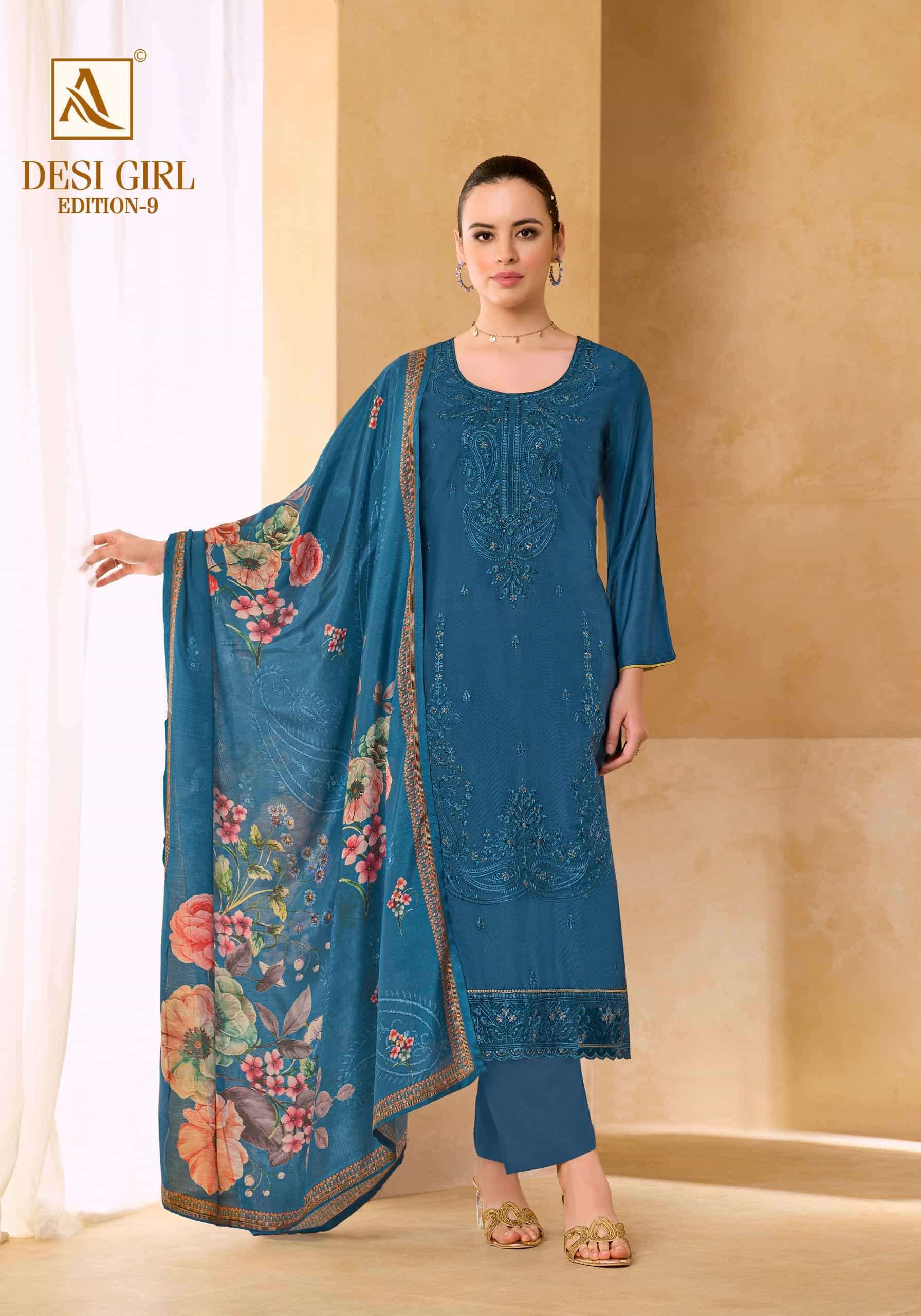 DESI GIRL EDITION-9 SERIES 3108 BY ALOK SUITS DESIGNER EMBROIDERY WORK VISCOSE MUSLIN SUITS ARE AVAILABLE AT WHOLESALE PRICE