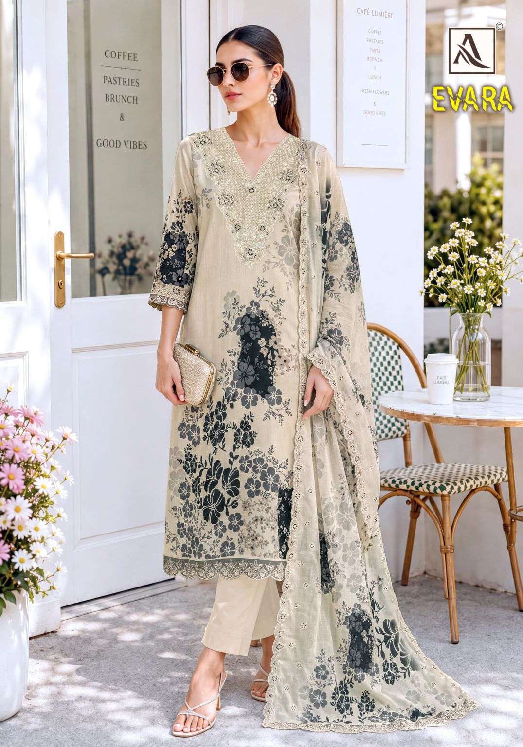 EVARA SERIES 1219 BY ALOK SUITS DESIGNER PRINTED AND EMBROIDERY WORK VISCOSE MUSLIN SUITS ARE AVAILABLE AT WHOLESALE PRICE 
