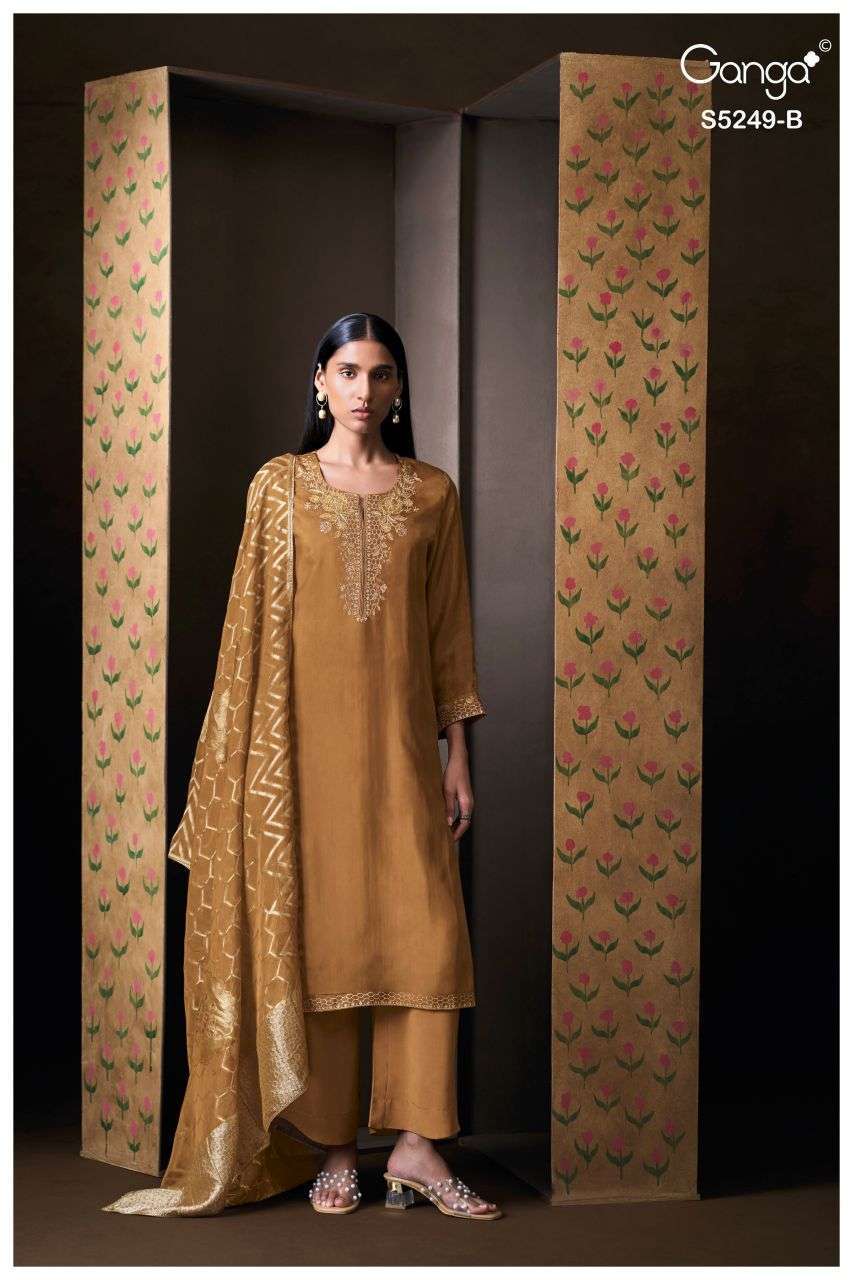 EVNSA SERIES 5249 BY GANGA DESIGNER EMBROIDERY WORK BEMBERG HABUTAI SILK SUITS ARE AVAILABLE AT WHOLESALE PRICE