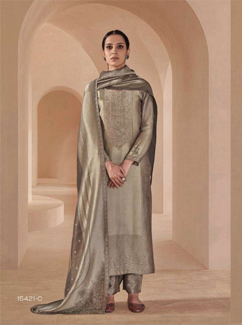 FARNAAZ SERIES 15421 BY OMTEX DESIGNER EMBROIDERY PATCH WORK SILK JACQUARD SUITS ARE AVAILABLE AT WHOLESALE PRICE