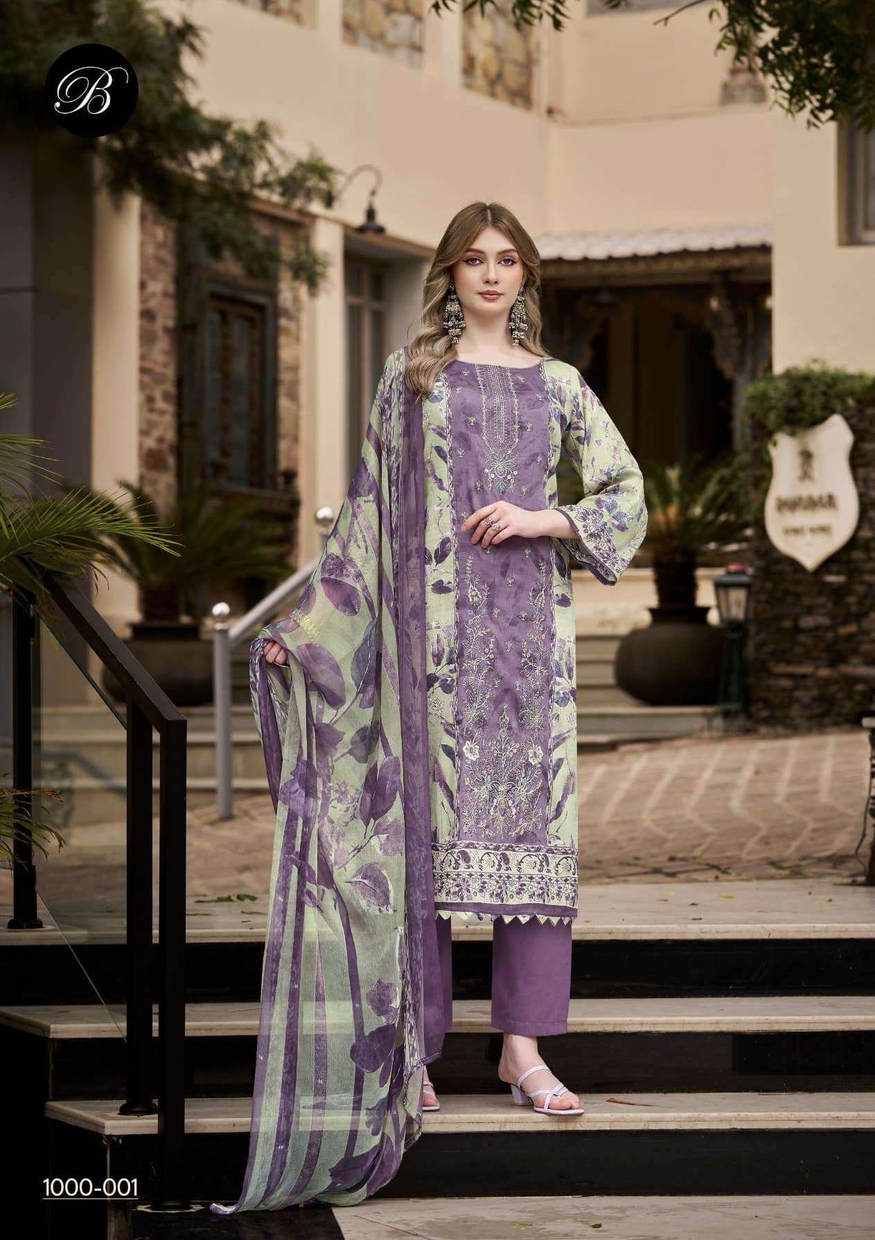 FEROZA SERIES 1000 BY BELLIZA DESIGNER DIGITAL PRINTED AND EMBROIDERY WORK JAM COTTON SUITS ARE AVAILABLE AT WHOLESALE PRICE 