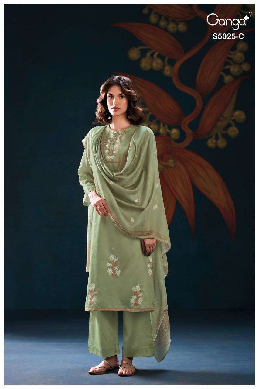 FIORI SERIES 5025 BY GANGA DESIGNER PRINTED WITH HAND EMBROIDERY AND HAND WORK COTTON SATIN SUITS ARE AVAILABLE AT WHOLESALE PRICE