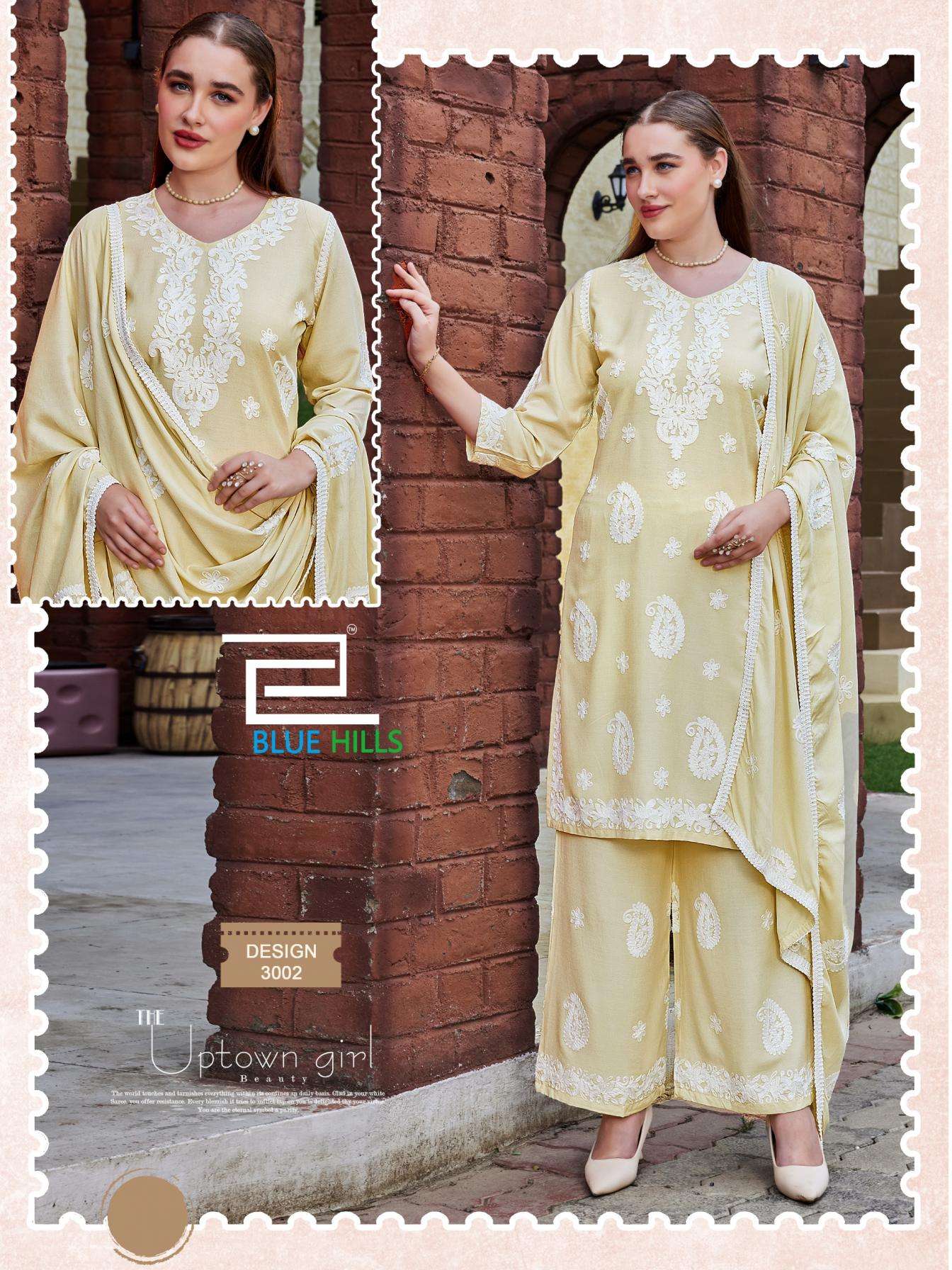 FIRDOSE SERIES 3001 TO 3004 BY BLUE HILLS DESIGNER WHITE THREAD WORK RAYON KURTI WITH BOTTOM AND DUPATTA ARE AVAILABLE AT WHOLESALE PRICE