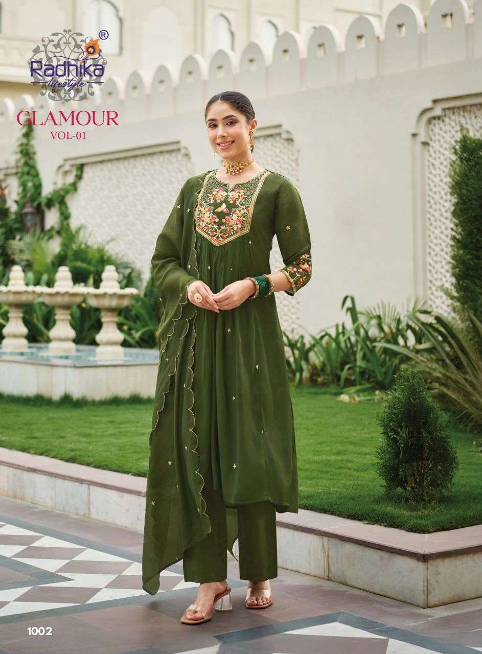 GLAMOUR VOL-1 SERIES 1001 TO 1006 BY RADHIKA LIFESTYLE DESIGNER EMBROIDERY AND HAND WORK MUL CHANDERI KURTI WITH BOTTOM AND DUPATTA ARE AVAILABLE AT WHOLESALE PRICE 
