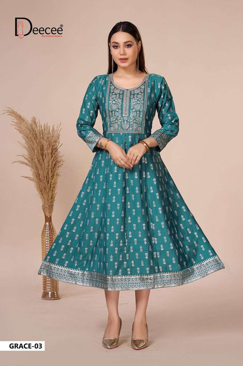 GRACE SERIES 101 TO 106 BY DEE CEE DESIGNER EMBROIDERY WORK ABD FOIL PRINT VATICAN KURTI ARE AVAILABLE AT WHOLESALE PRICE