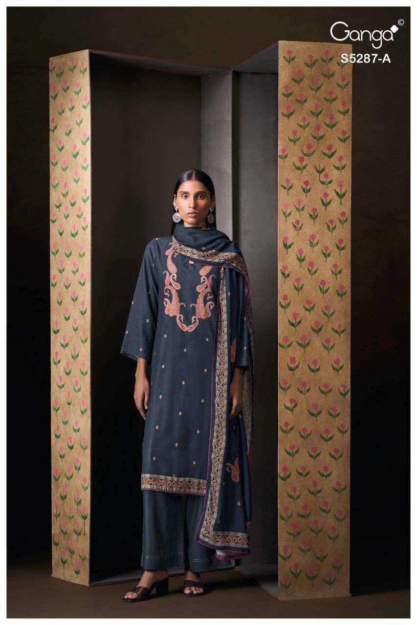 HAELIA 5287 BY GANGA DESIGNER PRINTED AND HAND WORK WOOL PASHMINA SUITS ARE AVAILABLE AT WHOLESALE PRICE 