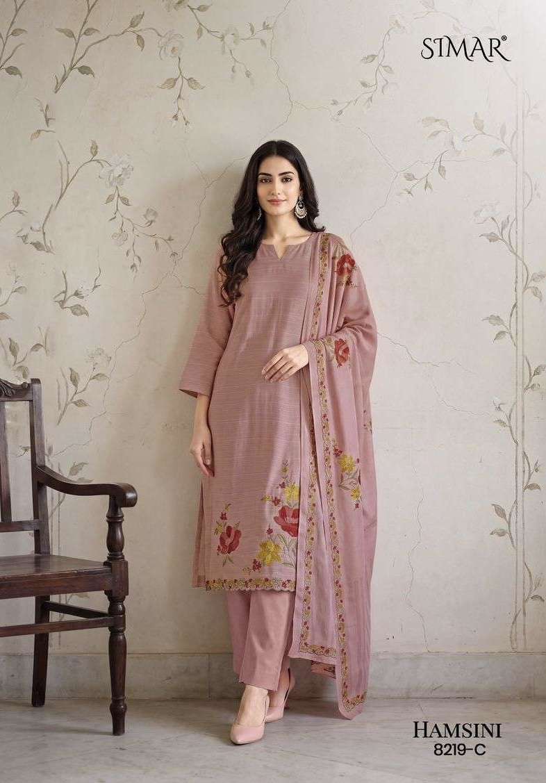 HAMSINI SERIES 8219 BY SIMAR DESIGNER DIGITAL PRINTED AND EMBROIDERY WORK VISCOSE MUSLIN SUITS ARE AVAILABLE AT WHOLESALE PRICE 