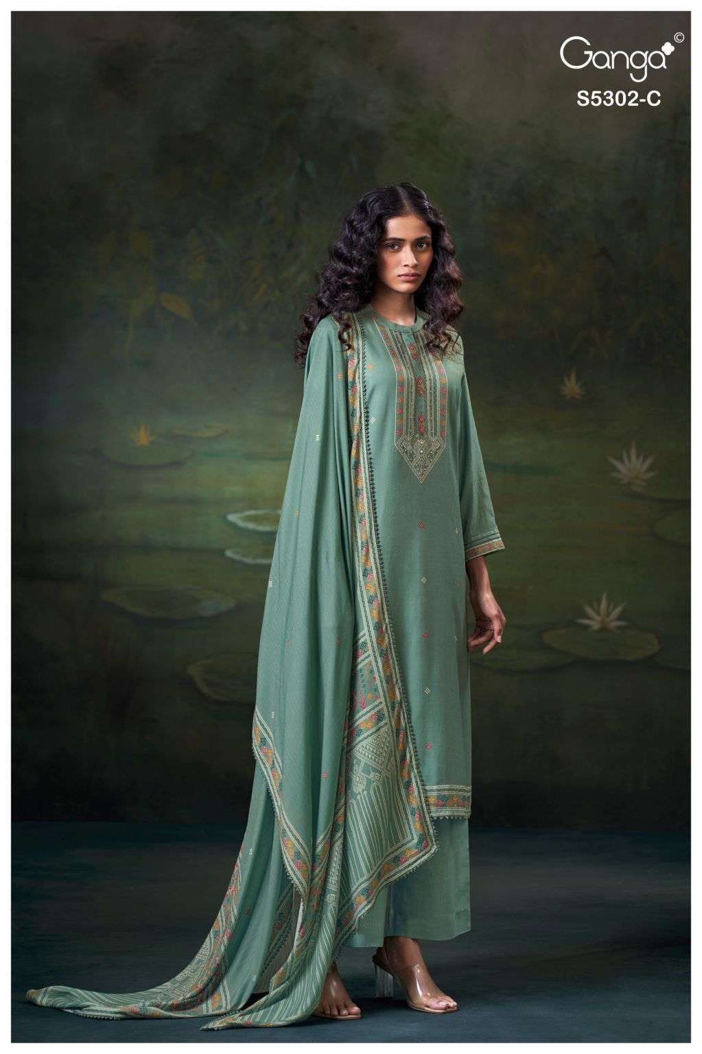 JAELA SERIES 5302 BY GANGA DESIGNER HAND WORK AND EMBROIDERY WORK WOOL PASHMINA SUITS ARE AVAILABLE AT WHOLESALE PRICE 
