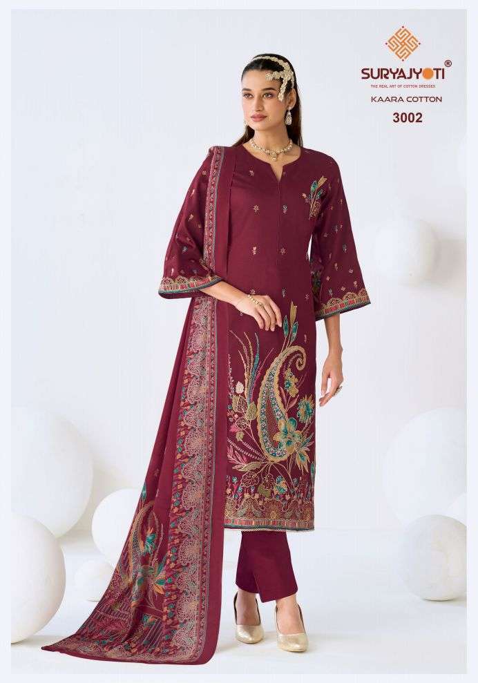 KAARA COTTON VOL-3 SERIES 3001 TO 3006 BY SURYAJYOTI DESIGNER DISCHARGE PRINT AND FOIL PRINTED JAM SATIN SUITS ARE AVAILABLE AT WHOLESALE PRICE 