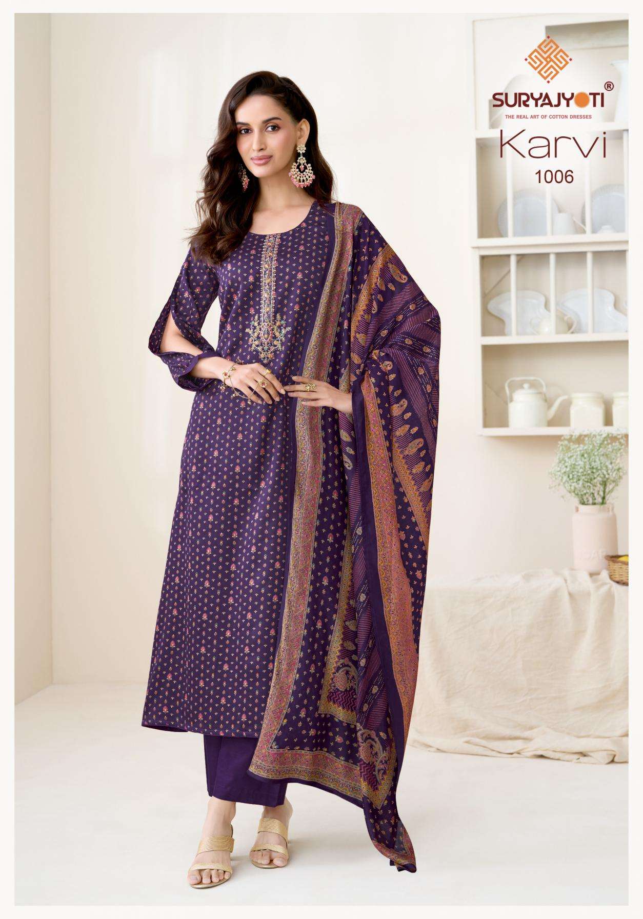 KARVI VOL-1 SERIES 1001 TO 1006 BY SURYAJYOTI DESIGNER DISCHARGE AND FOIL PRINTED JAM SATIN SUITS ARE AVAILABLE AT WHOLESALE PRICE