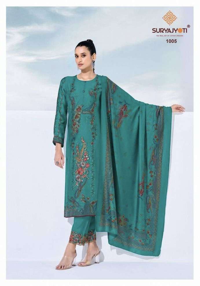 KASHI VOL-1 SERIES 1001 TO 1006 BY SURYAJYOTI DESIGNER DISCHARGE FOIL PRINT AND EMBROIDERY WORK MODAL SUITS ARE AVAILABLE AT WHOLESALE PRICE 