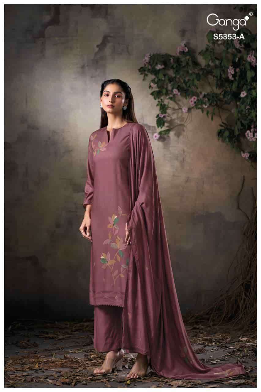 KESHA SERIES 5353 BY GANGA DESIGNER PRINTED WITH HAND WORK AND SCHIFFLI EMBROIDERY WORK WOOL PASHMINA SUITS ARE AVAILABLE AT WHOLESALE PRICE