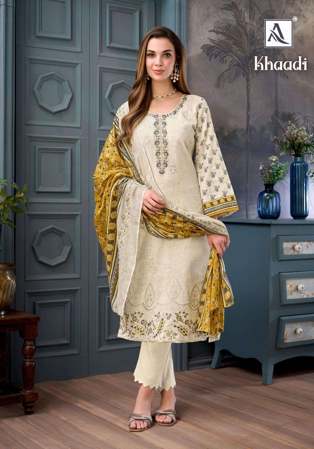 KHAADI SERIES 3085 BY ALOK SUITS DESIGNER PRINTED AND EMBROIDERY WORK CAMBRIC COTTON SUITS ARE AVAILABLE AT WHOLESALE PRICE