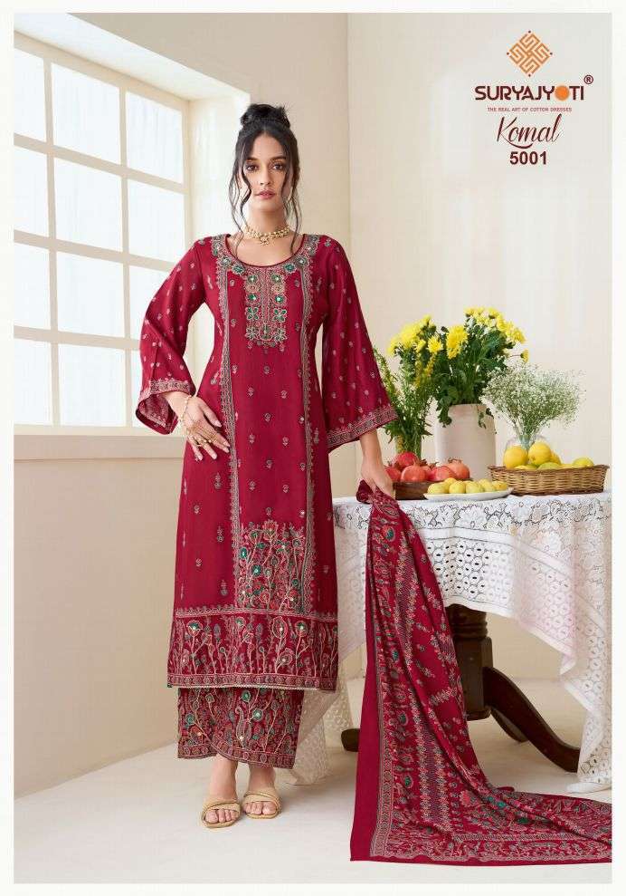 KOMAL VOL-5 SERIES 5001 TO 5006 BY SURYAJYOTI DESIGNER DISCHARGE PRINTED AND HAND WORK MODAL SUITS ARE AVAILABLE AT WHOLESALE PRICE