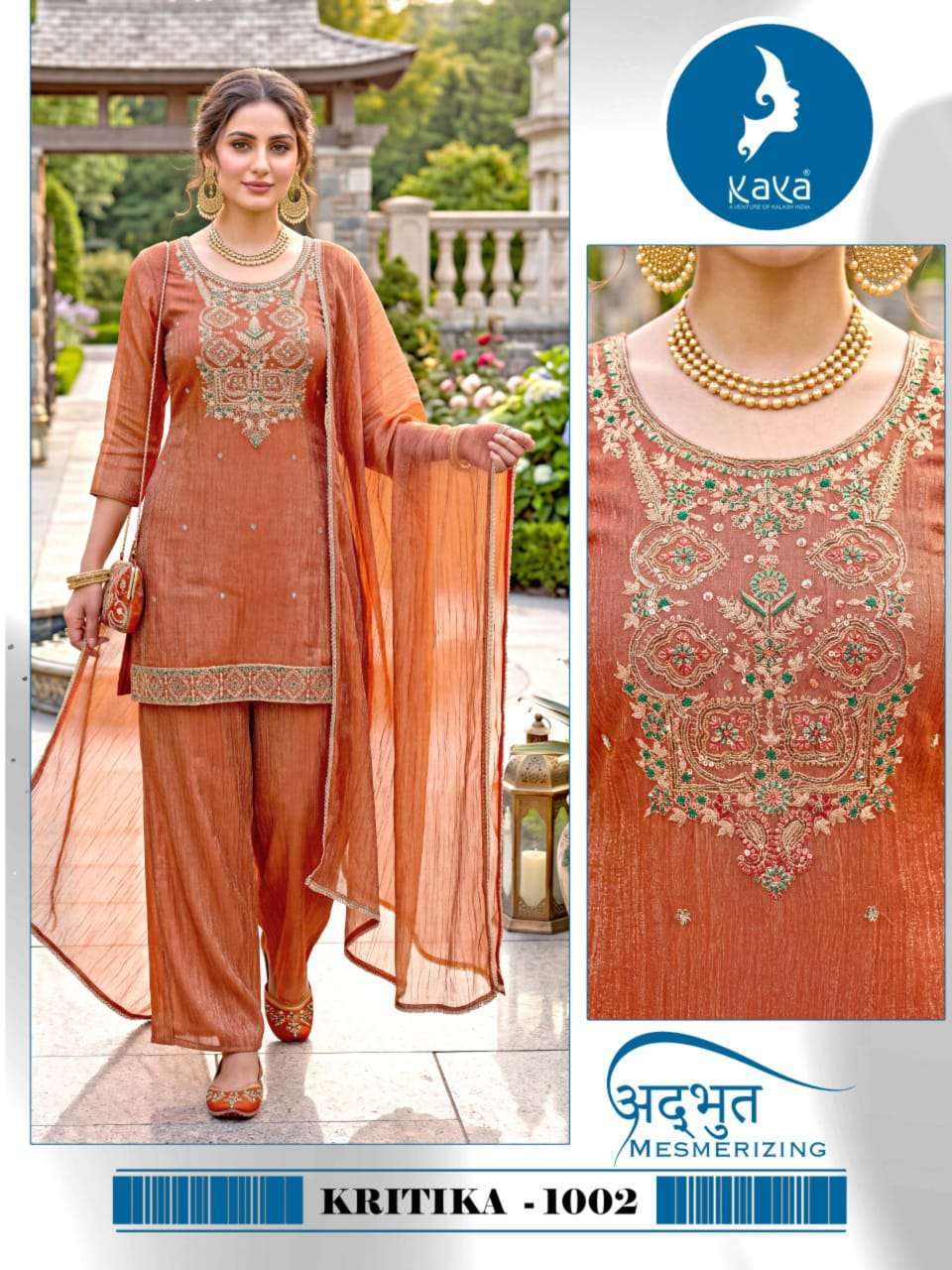 KRITIKA SERIES 01 TO 06 BY KAYA DESIGNER EMBROIDERY WORK SALSA TOP WITH BOTTOM AND DUPATTA ARE AVAILABLE AT WHOLESALE PRICE