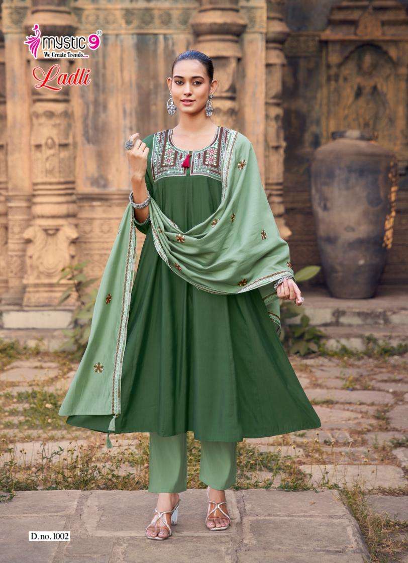 LADLI VOL-1 SERIES 1001 TO 1008 BY MYSTIC 9 DESIGNER EMBROIDERY WORK ROMAN SILK TOP WITH BOTTOM AND DUPATTA ARE AVAILABLE AT WHOLESALE PRICE