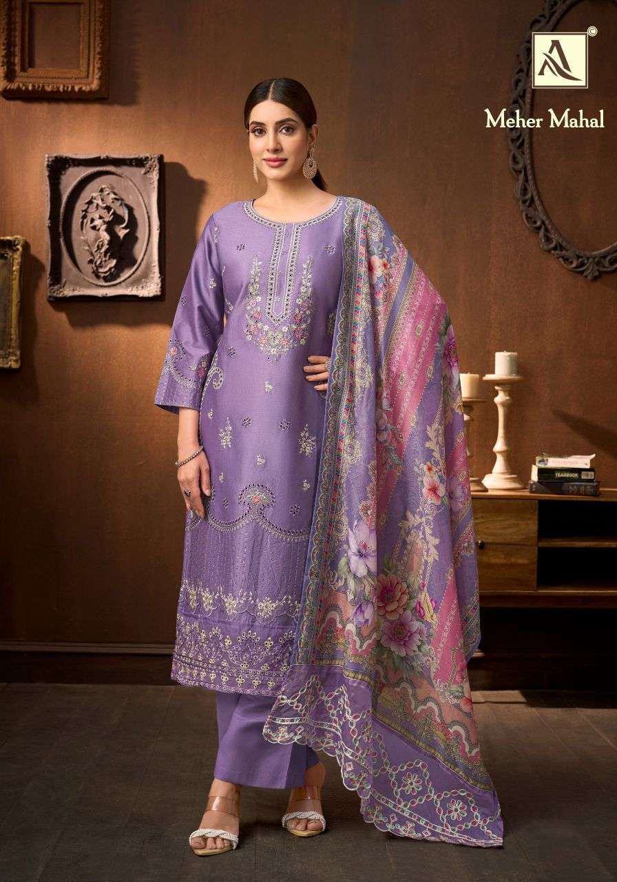 MEHER MAHAL SERIES 3084 BY ALOK SUITS DESIGNER EMBROIDERY WORK JAM COTTON SUITS ARE AVAILABLE AT WHOLESALE PRICE