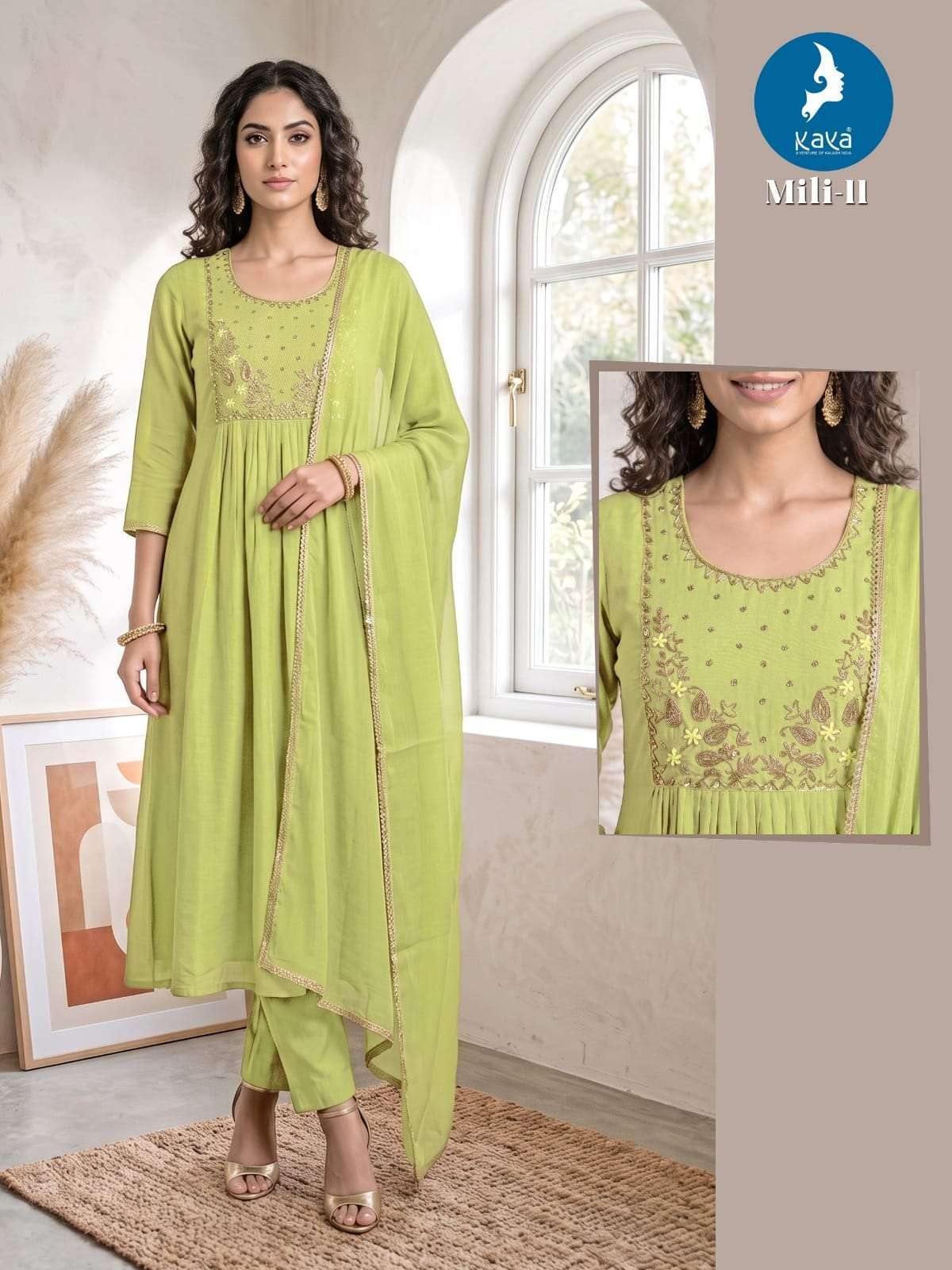MILI SERIES 01 TO 06 BY KAYA DESIGNER EMBROIDERY WORK MUL CHANDERI ANARKALI KURTI WITH BOTTOM AND DUPATTA ARE AVAILABLE AT WHOLESALE PRICE 