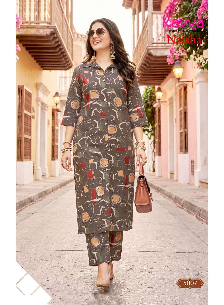 NAISHA VOL-5 SERIES 5001 TO 5010 BY KAVYA DESIGNER PRINTED RAYON CO ORD SETS ARE AVAILABLE AT WHOLESALE PRICE