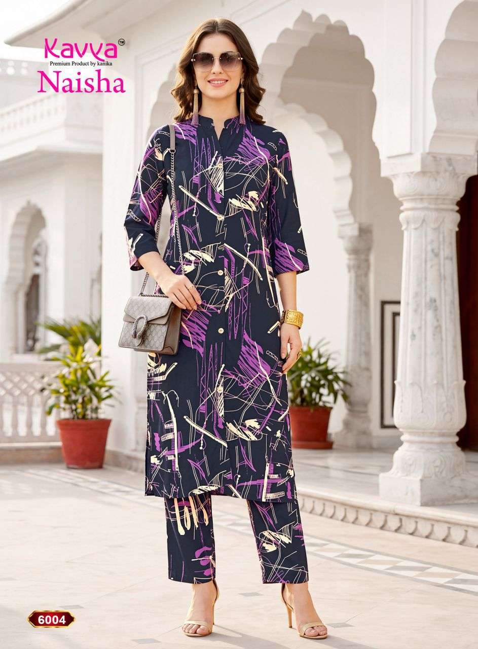 NAISHA VOL-6 SERIES 6001 TO 6010 BY KAVYA DESIGNER PRINTED RAYON CO ORD SETS ARE AVAILABLE AT WHOLESALE PRICE