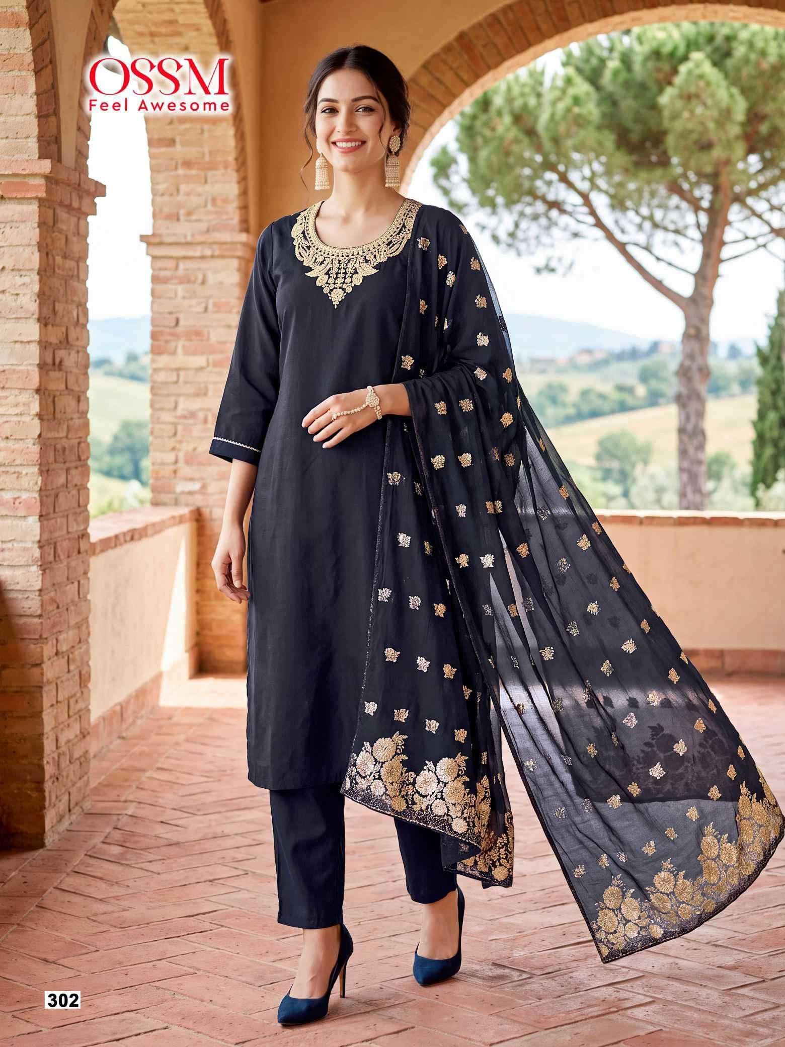 NARGIS VOL-3 SERIES 301 TO 306 BY OSSM DESIGNER EMBROIDERY WORK ROMAN SILK TOP WITH BOTTOM AND DUPATTA ARE AVAILABLE AT WHOLESALE PRICE 