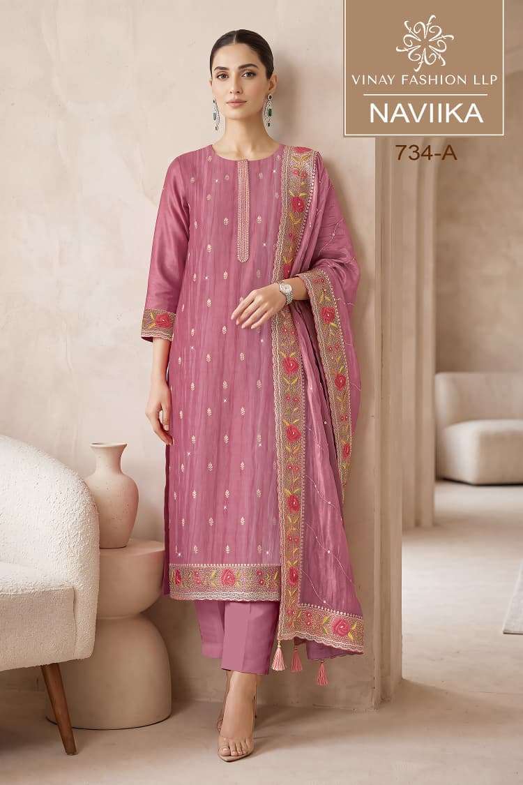 NAVIIKA SERIES 734 BY VINAY DESIGNER BEADS AND THREAD EMBROIDERY WORK MUL CHANDERI SUITS ARE AVAILABLE AT WHOLESALE PRICE 