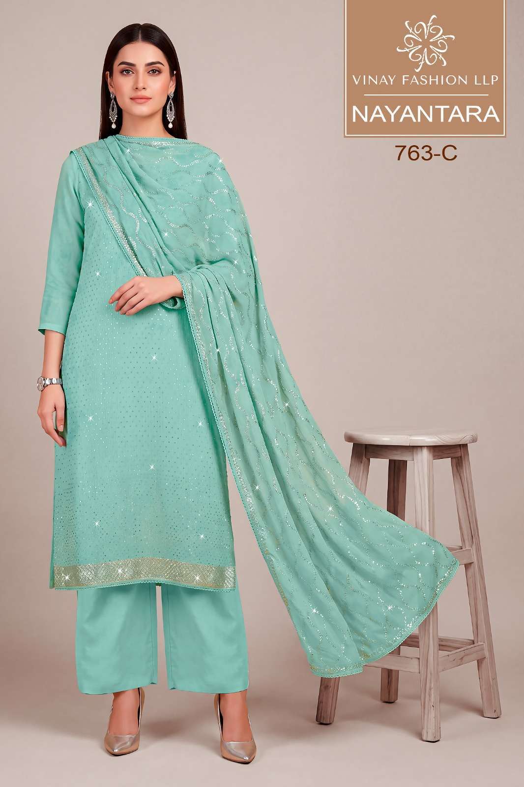 NAYANTARA SERIES 763 BY VINAY DESIGNER SWAROSKI WORK SATIN CHIFFON SUITS ARE AVAILABLE AT WHOLESALE PRICE
