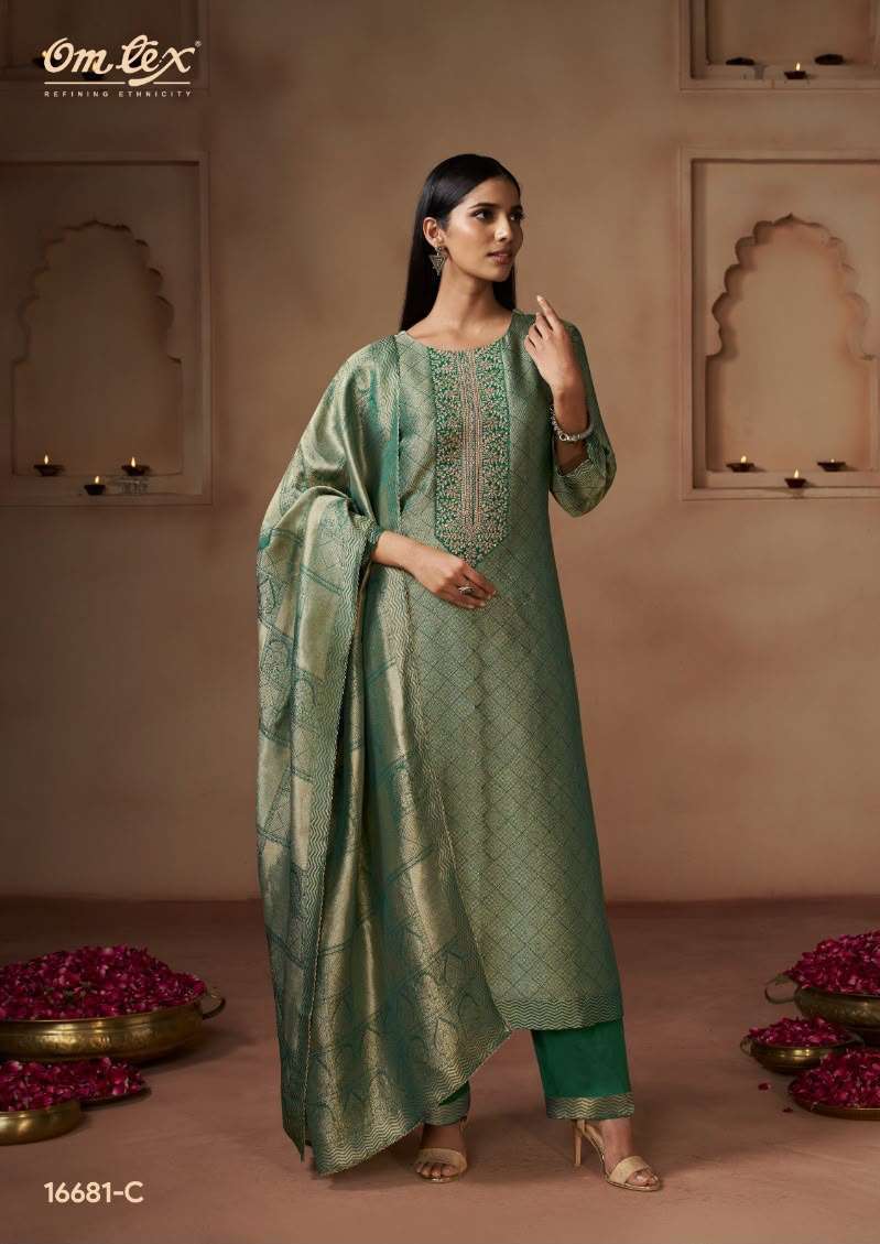 NAYIKA SERIES 16681 BY OMTEX DESIGNER HAND WORK AND EMBROIDERY PATCH WORK SILK JACQUARD SUITS ARE AVAILABLE AT WHOLESALE PRICE