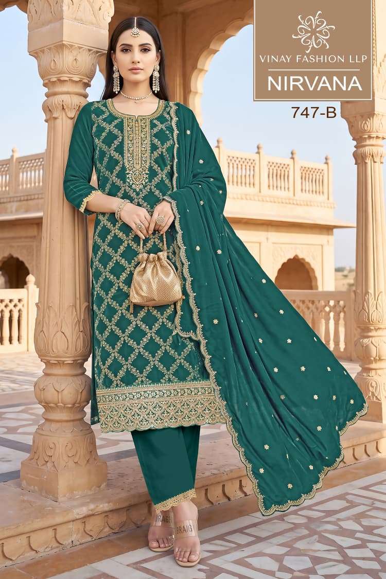 NIRVANA SERIES 747 BY VINAY DESIGNER EMBROIDERY WORK CHINON JACQUARD SUITS ARE AVAILABLE AT WHOLESALE PRICE