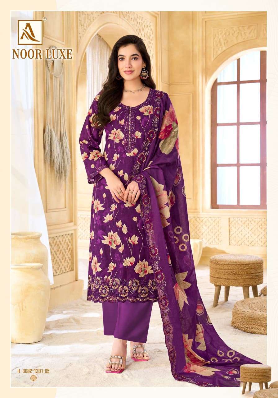 NOOR LUXE SERIES 3066 BY ALOK SUITS DESIGNER FOIL PRINTED AND EMBROIDERY WORK CAMBRIC COTTON SUITS ARE AVAILABLE AT WHOLESALE PRICE