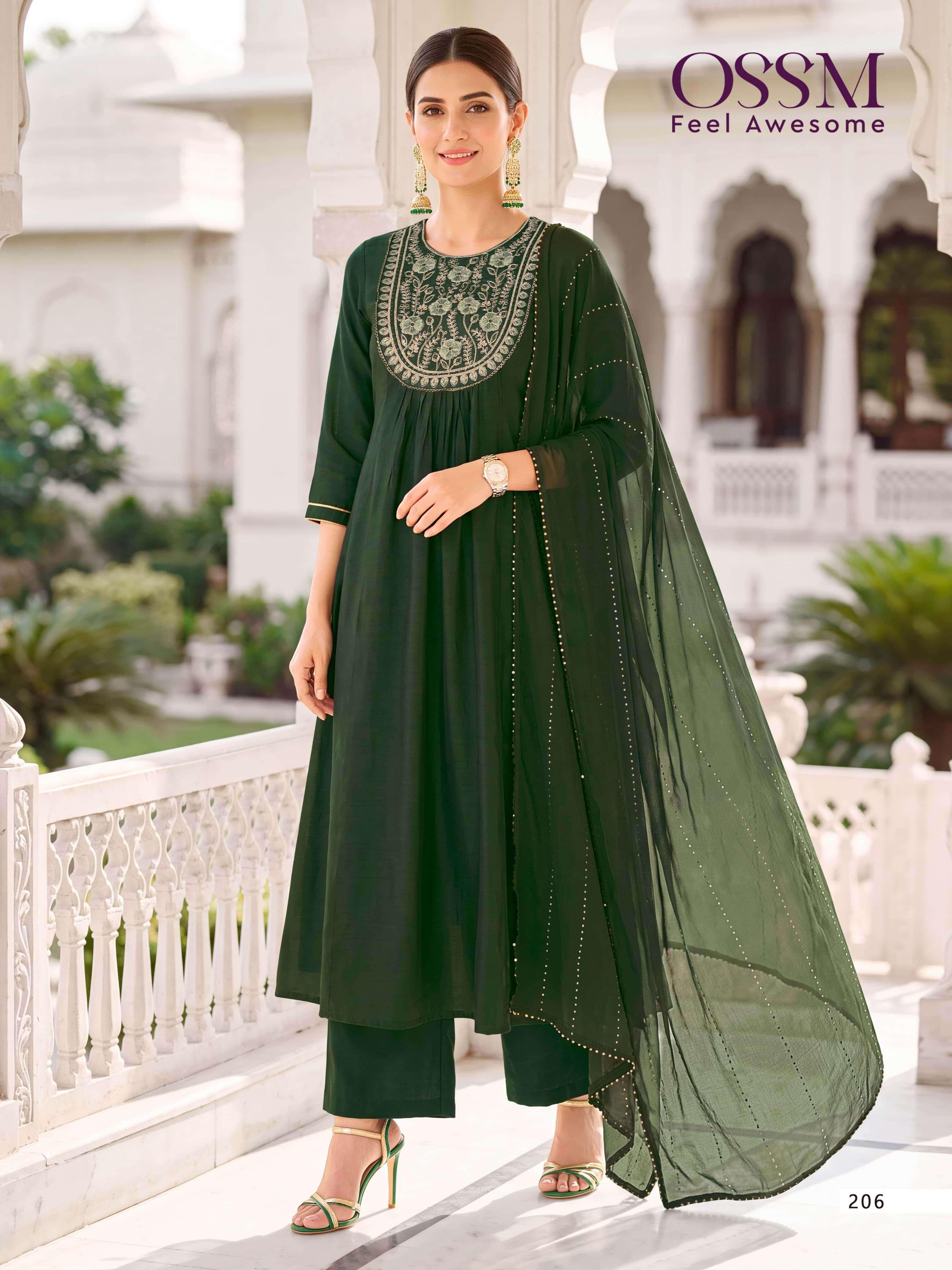 NOOR VOL-2 SERIES 201 TO 206 BY OSSM EMBROIDERY WORK MUL CHANDERI TOP WITH BOTTOM AND DUPATTA ARE AVAILABLE AT WHOLESALE PRICE 