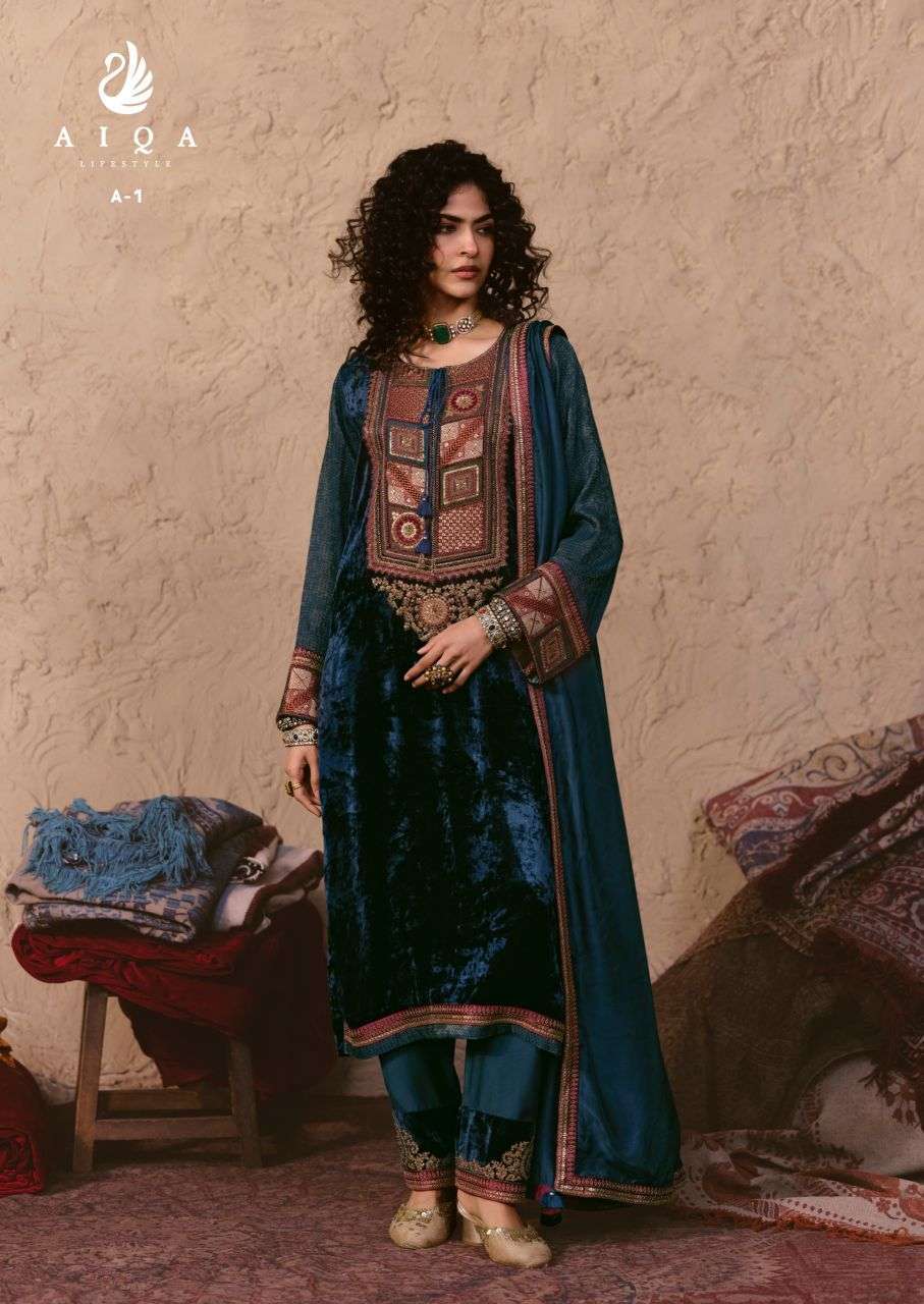 NOOREN SERIES A1 TO A6 BY AIQA DESIGNER FANCY WORK VISCOSE VELVET SUITS ARE AVAILABLE AT WHOLESALE PRICE