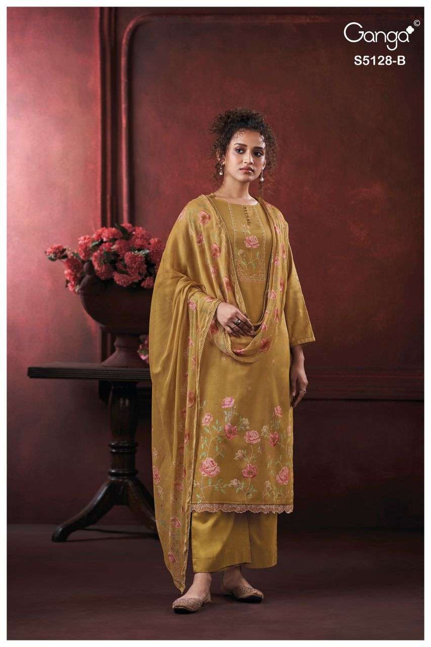 PARIDHI SERIES 5128 BY GANGA DESIGNER PRINTED WITH HAND WORK AND HAND EMBROIDERY WORK COTTON SATIN SUITS ARE AVAILABLE AT WHOLESALE PRICE 