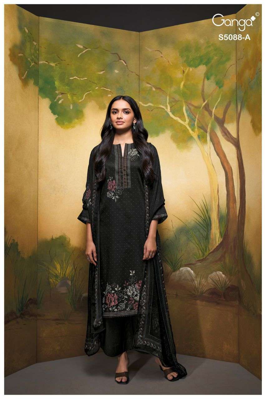 PARIRIE SERIES 5088 BY GANGA DESIGNER PRINTED WITH HAND WORK AND HAND EMBROIDERY WORK COTTON SATIN SUITS ARE AVAILABLE AT WHOLESALE PRICE