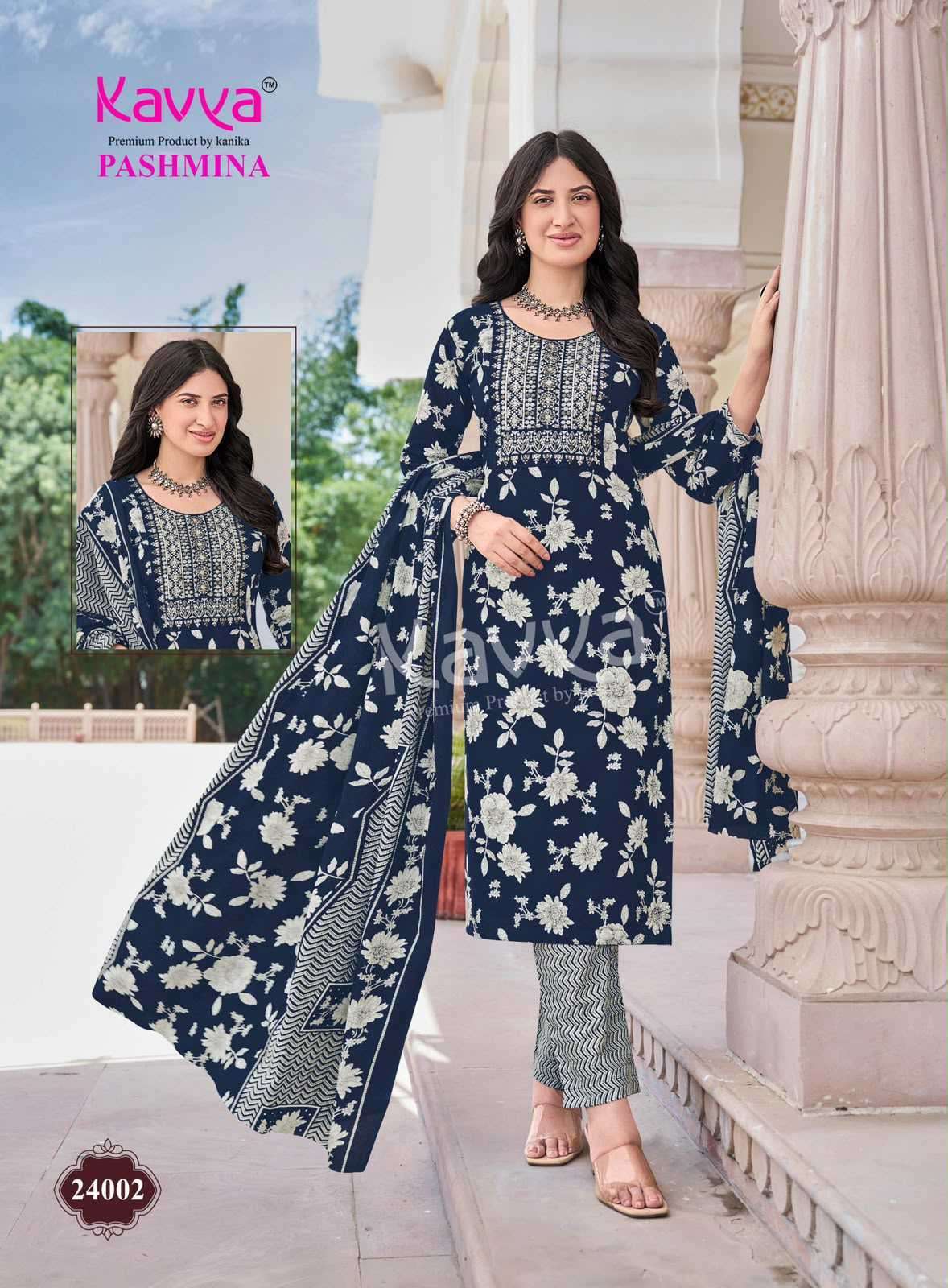 PASHMINA VOL-24 SERIES 24001 TO 24010 BY KAVYA DESIGNER PRINTED AND EMBROIDERY WORK COTTON KURTI WITH BOTTOM AND DUPATTA ARE AVAILABLE AT WHOLESALE PRICE